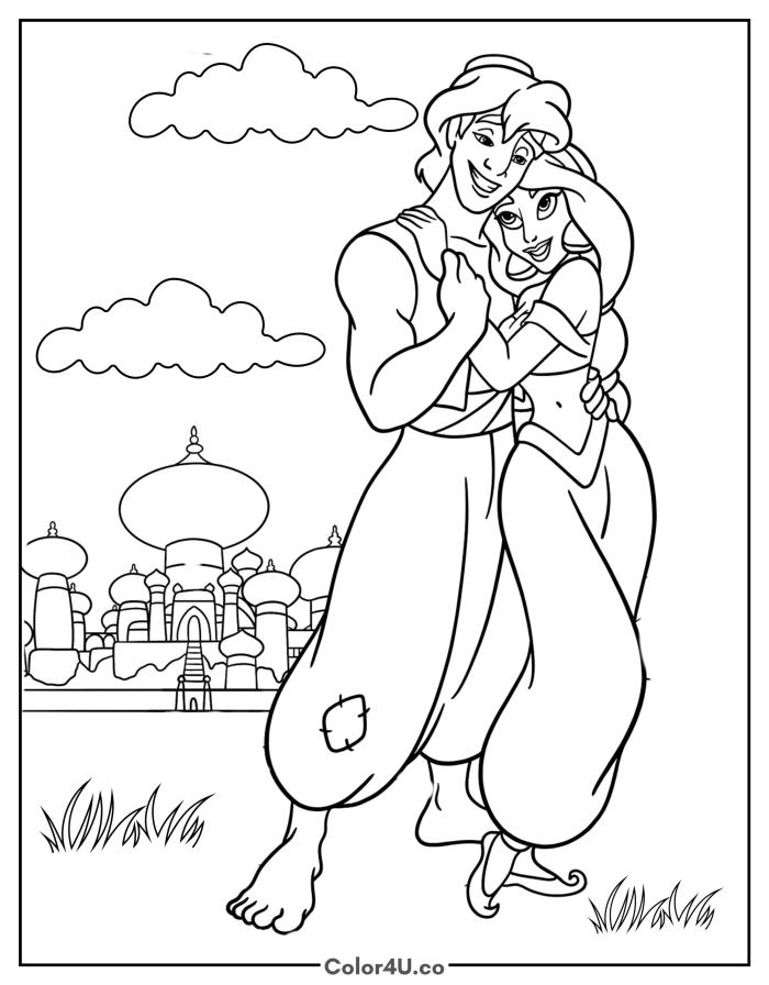 Aladdin and Jasmine hugging with Agrabah palace in background, medium Disney coloring page, free printable