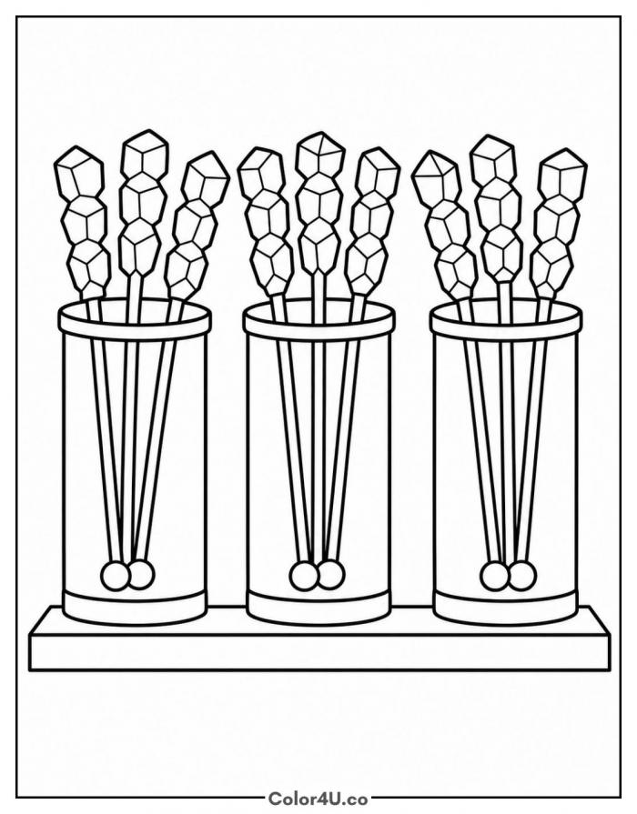 Rock candy sticks standing in three glass jars, detailed coloring page, free printable
