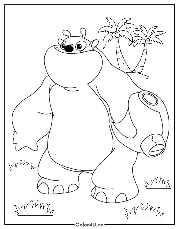 Clyde from Lilo & Stitch standing by palm trees, medium Disney coloring page, free printable