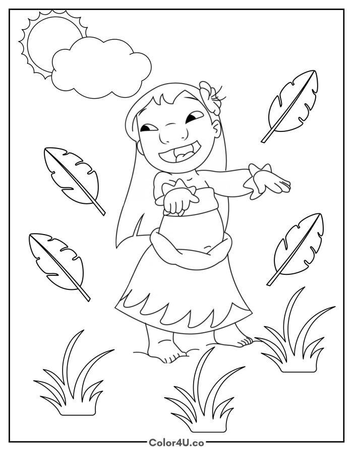 Lilo hula dancing with tropical leaves floating around her, medium Disney coloring page, free printable
