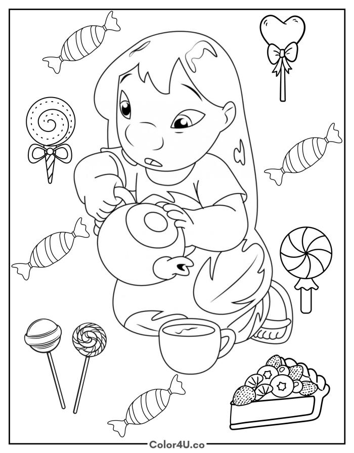 Lilo Pelekai with a teapot surrounded by candies and lollipops, medium Disney coloring page, free printable