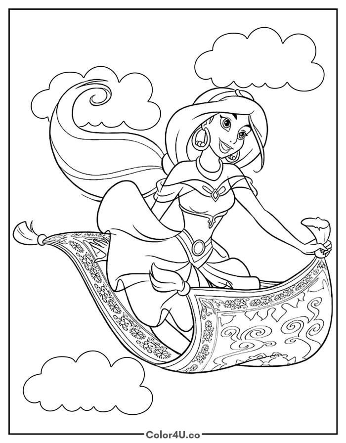Jasmine flying on the magic carpet through clouds, medium Disney coloring page, free printable