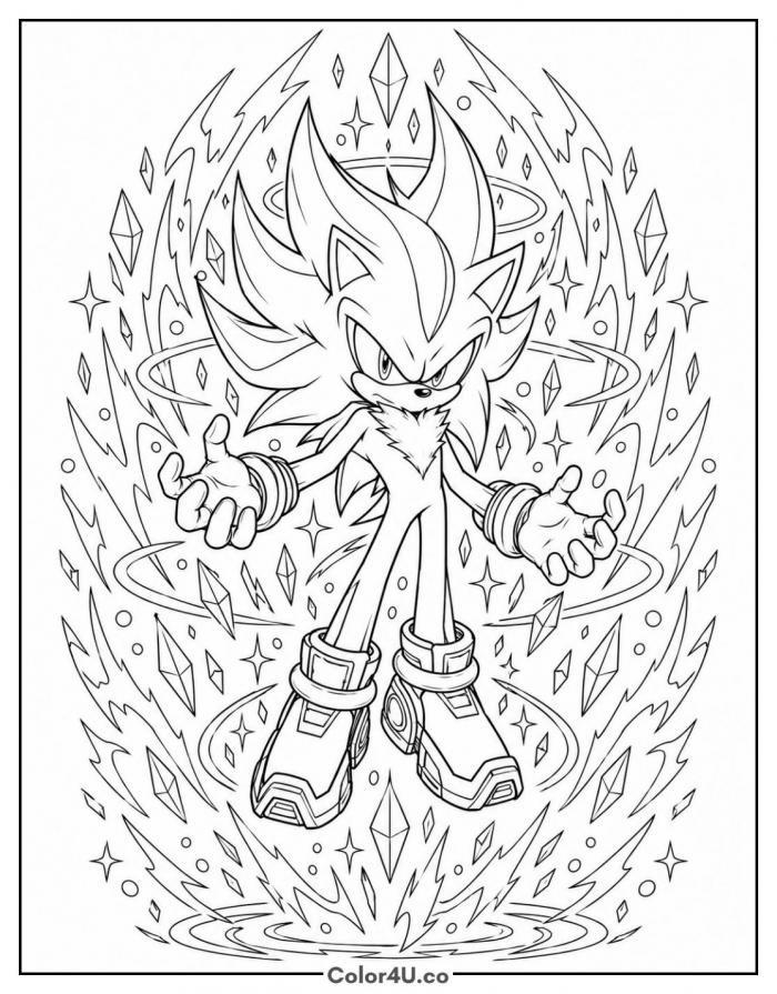 Super Shadow floating in chaos energy, detailed Sonic coloring page, free printable
