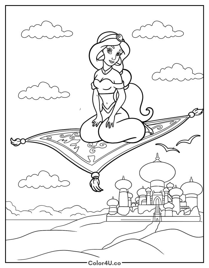 Jasmine on the flying carpet above Agrabah city, detailed Disney coloring page, free printable