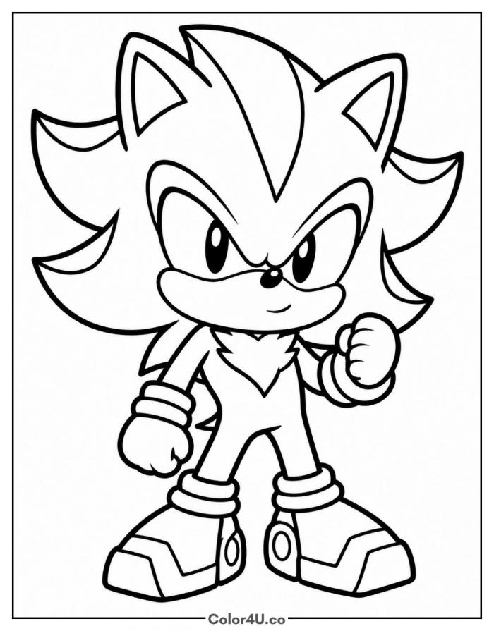 Chibi Shadow standing with fist raised, easy Sonic coloring page, free printable