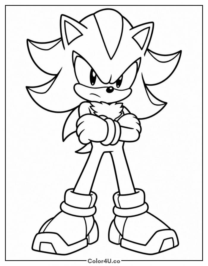 Shadow standing with arms crossed, medium Sonic coloring page, free printable