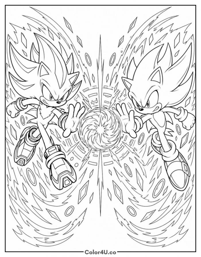 Super Shadow facing Super Sonic in a clash, detailed Sonic coloring page, free printable