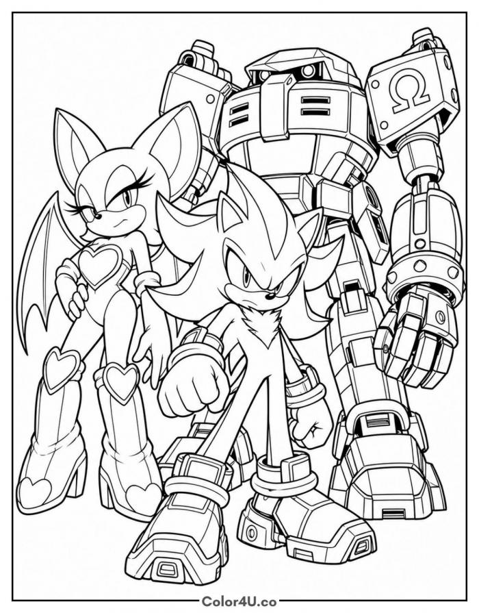 Team Dark with Shadow, Rouge and Omega, detailed Sonic coloring page, free printable