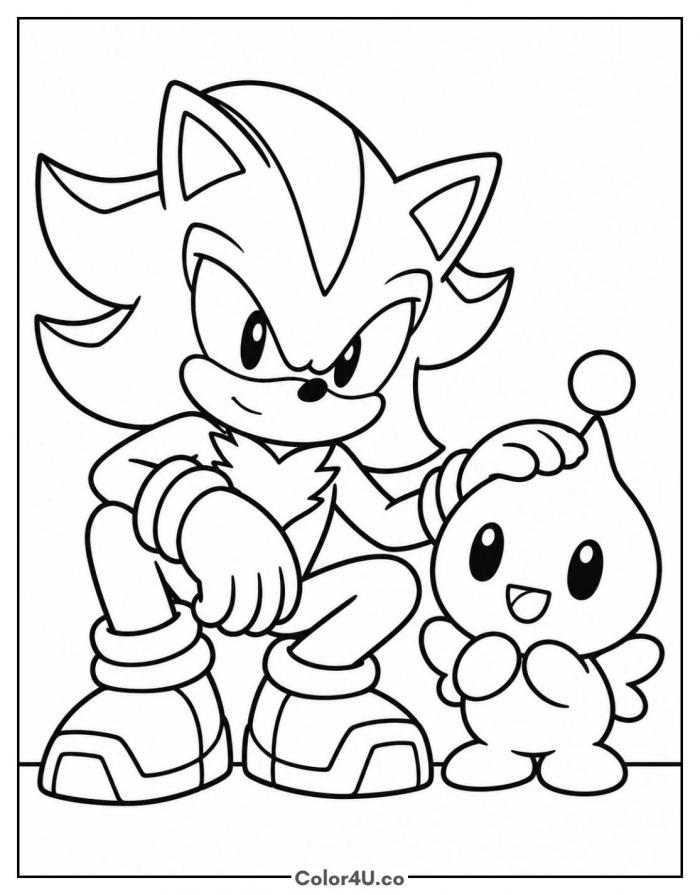 Shadow crouching beside a smiling Chao, medium Sonic coloring page, free printable