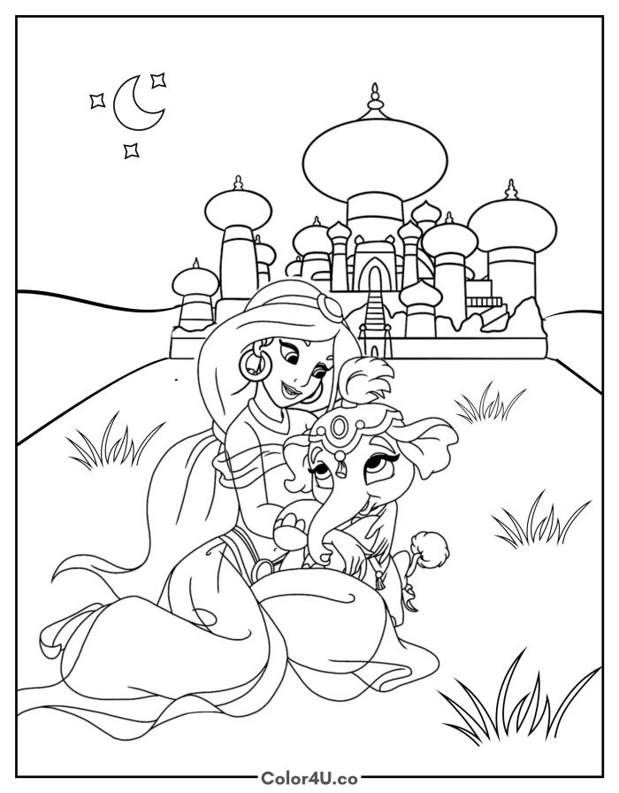 Jasmine with a baby elephant outside Agrabah palace at night, detailed Disney coloring page, free printable