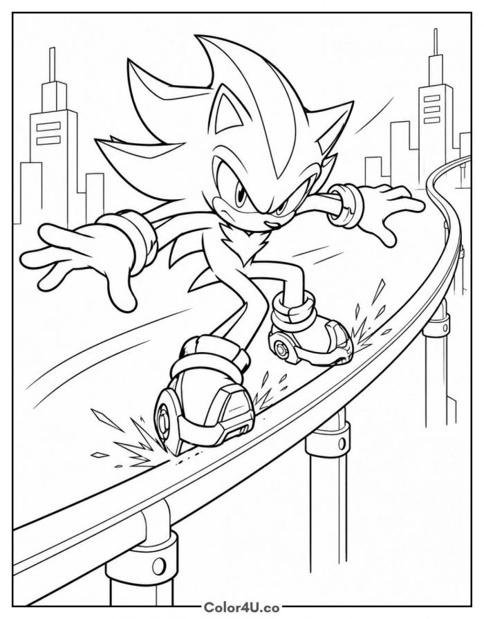 Shadow grinding a rail past a city skyline, medium Sonic coloring page, free printable