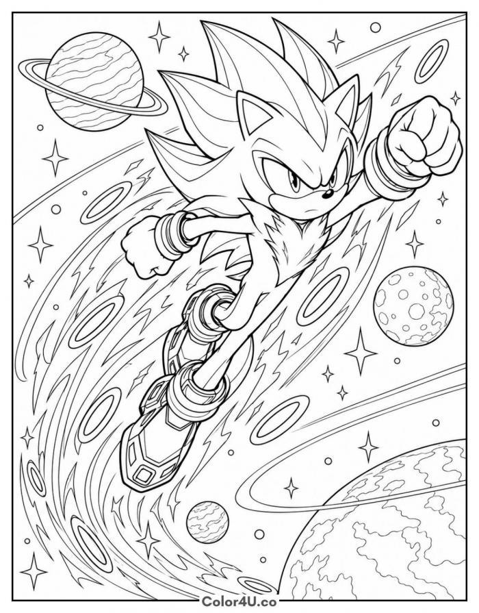 Super Shadow flying through space past planets, detailed Sonic coloring page, free printable