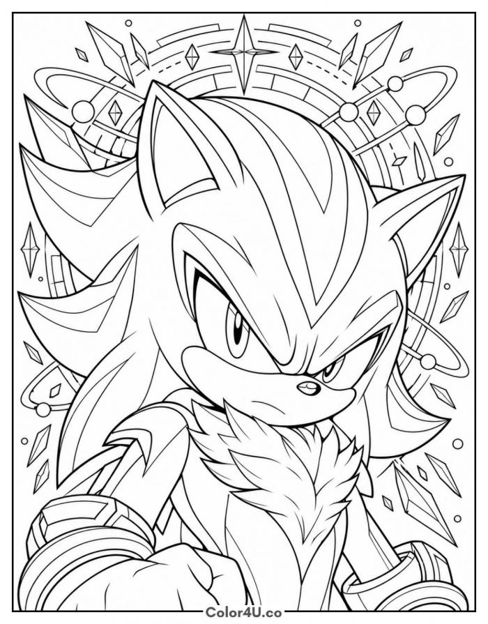 Shadow portrait with crystals and chaos energy behind him, detailed Sonic coloring page, free printable