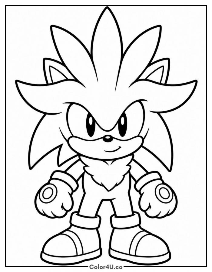 Chibi Silver the Hedgehog standing, medium Sonic coloring page, free printable