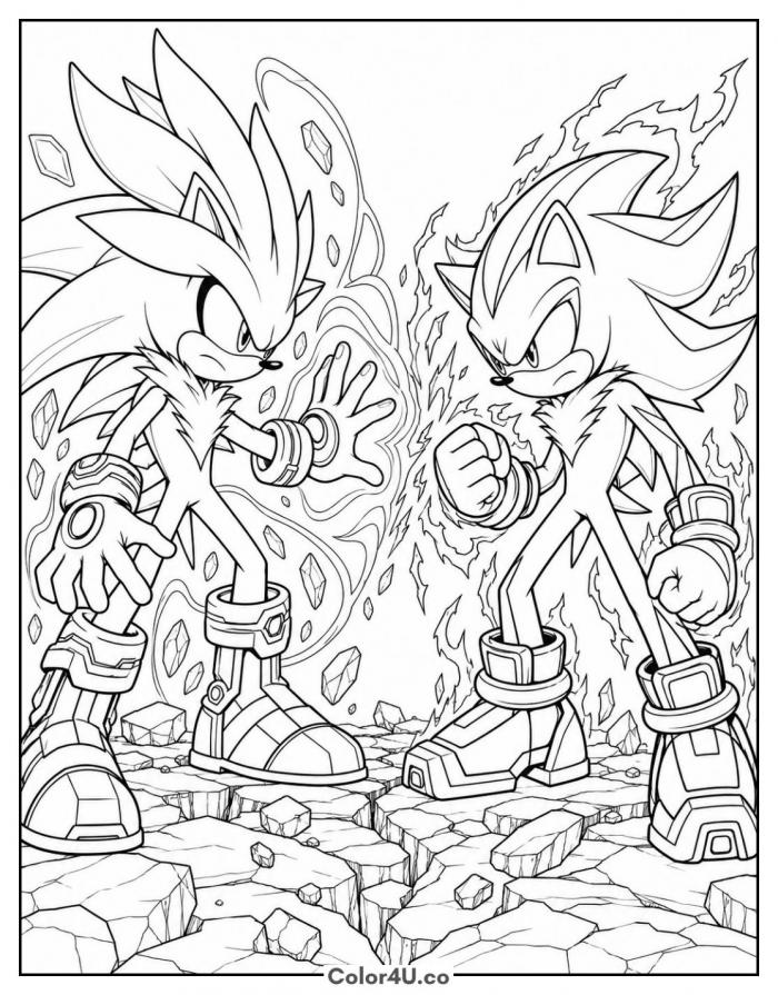 Silver and Shadow facing off, detailed Sonic coloring page, free printable