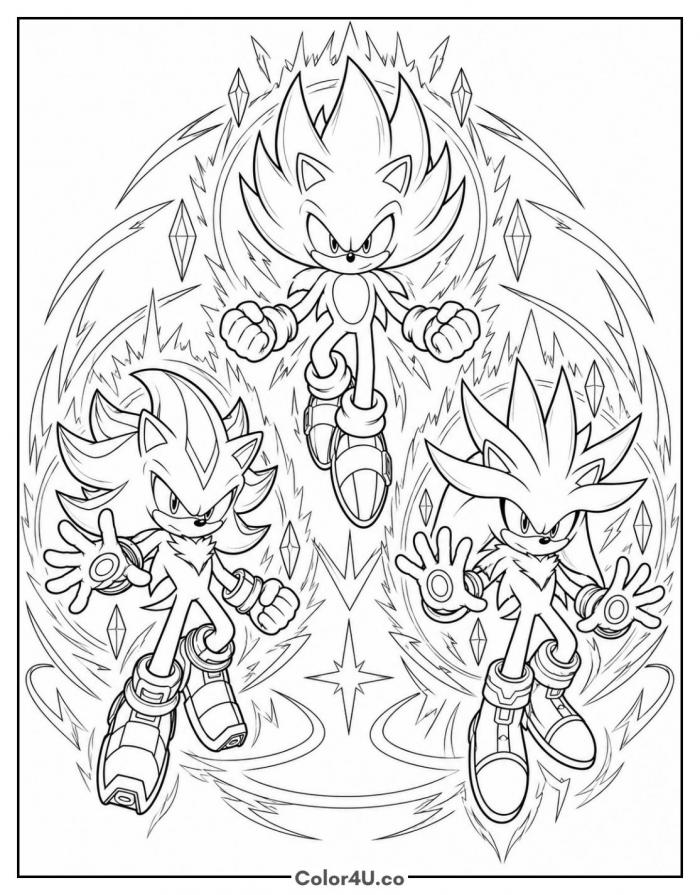 Super Sonic, Shadow, and Silver together, detailed Sonic coloring page, free printable
