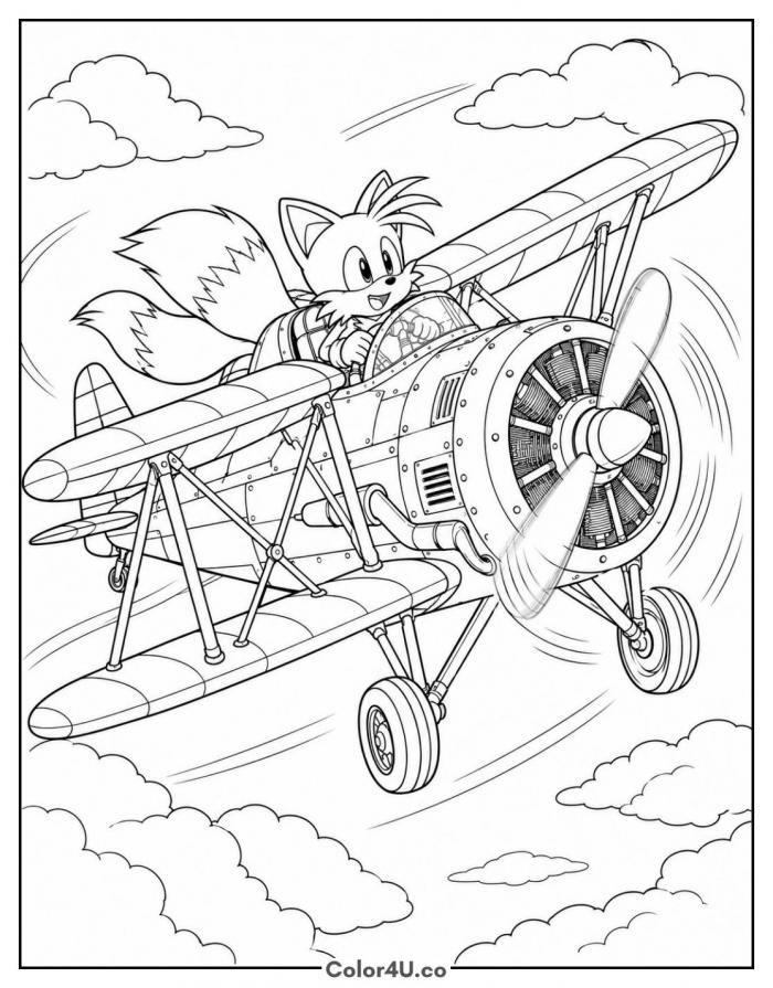 Tails flying his Tornado plane, detailed Sonic coloring page, free printable