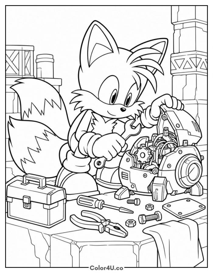 Tails fixing a robot with a wrench, detailed Sonic coloring page, free printable