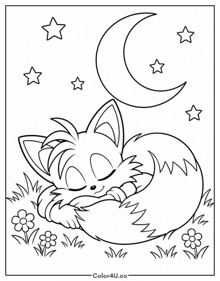 Tails asleep under the moon, medium Sonic coloring page, free printable