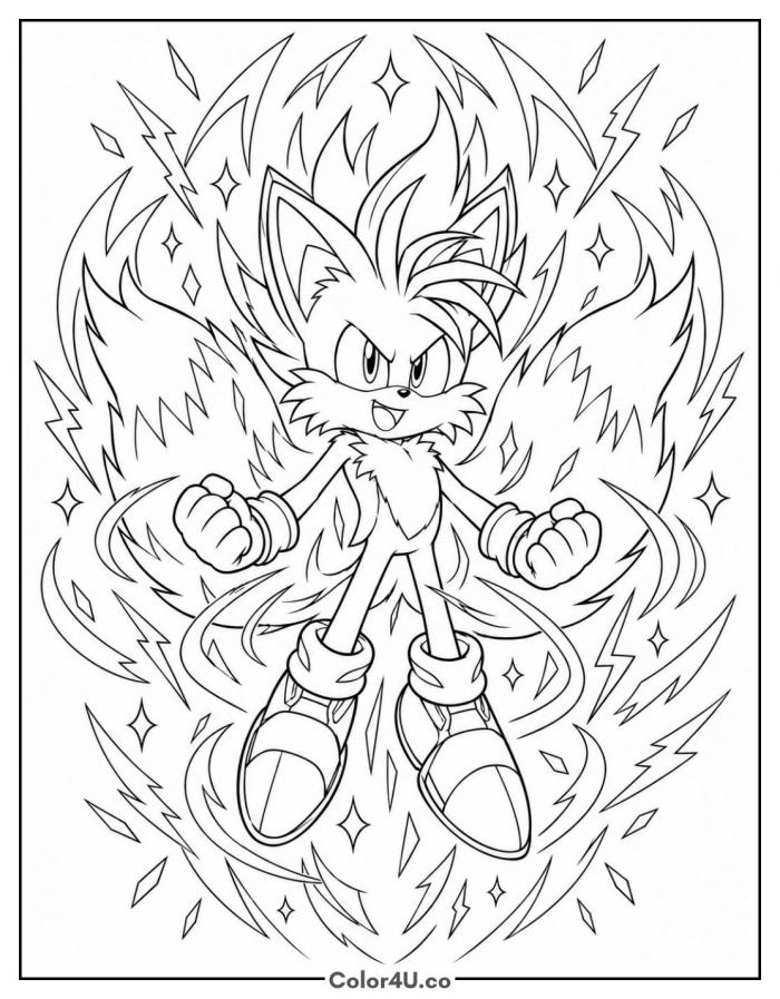 Super Tails powering up with energy aura, detailed Sonic coloring page, free printable