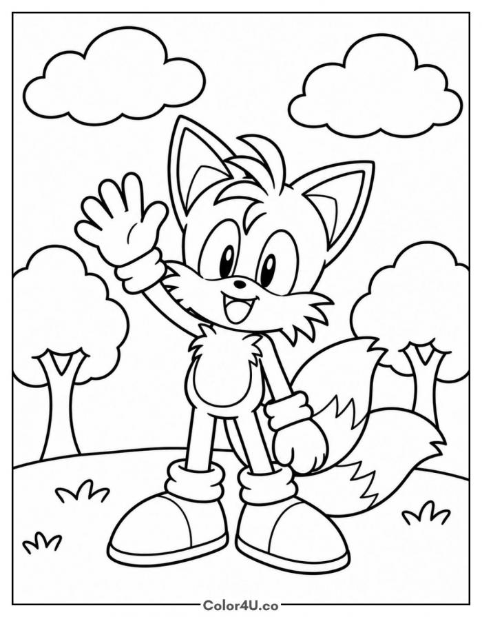 Tails waving on a grassy hill, medium Sonic coloring page, free printable