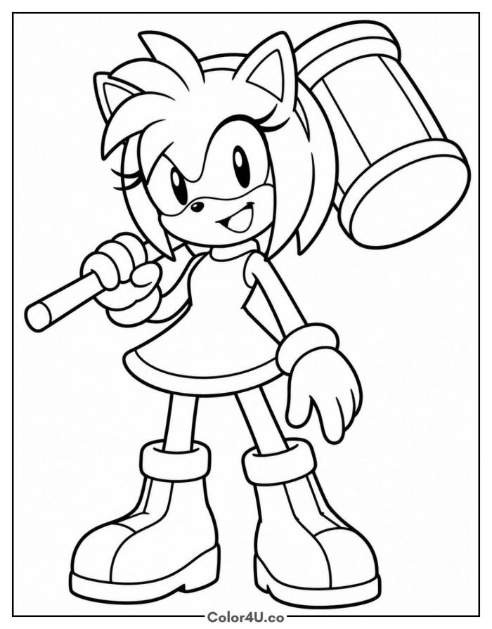 Amy Rose holding her Piko Piko hammer, medium Sonic coloring page, free printable