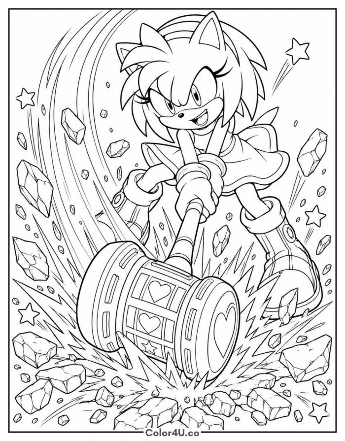 Amy Rose smashing the ground with her hammer, detailed Sonic coloring page, free printable