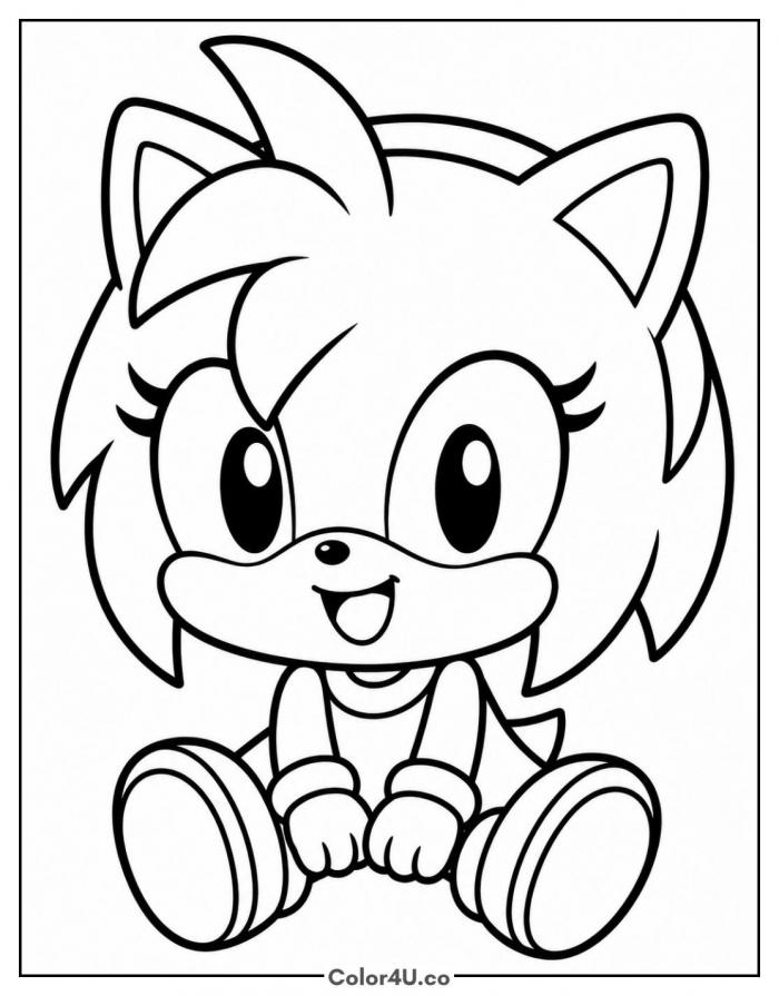 Baby Amy Rose sitting down, easy Sonic coloring page, free printable