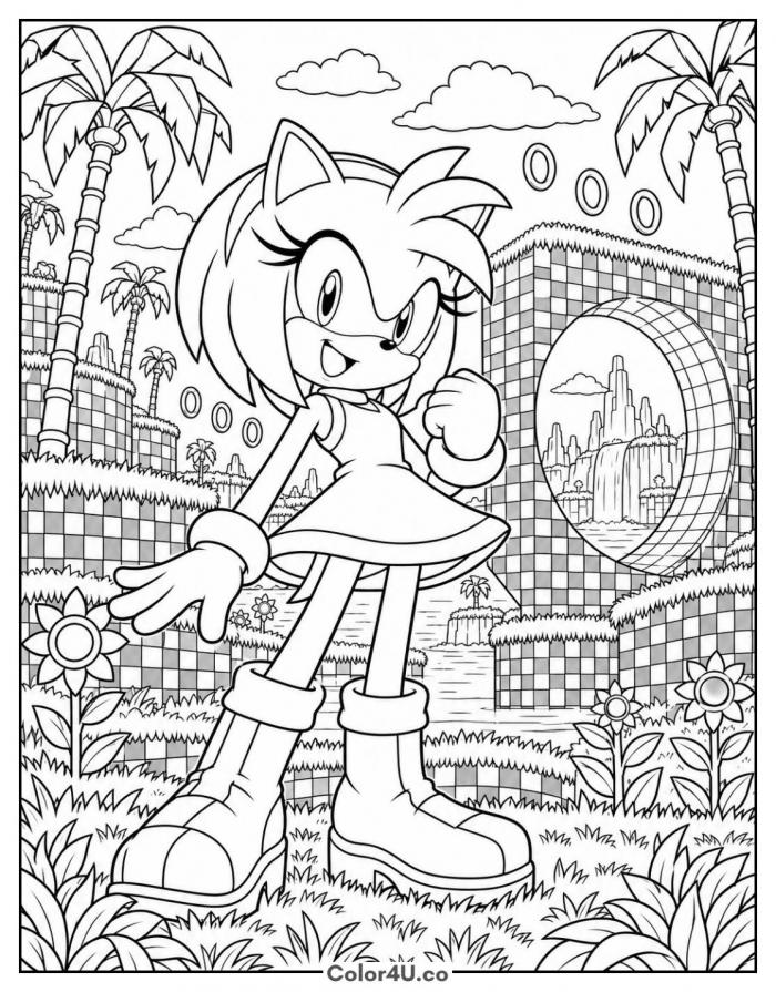 Amy Rose in Green Hill Zone, detailed Sonic coloring page, free printable