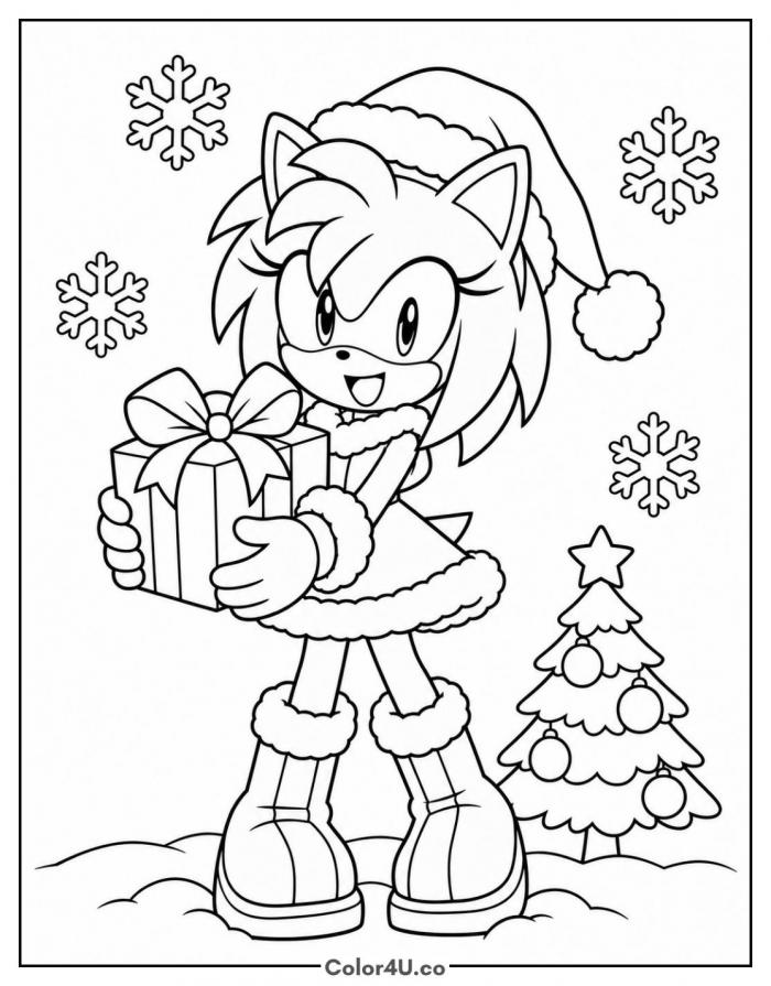 Amy Rose in a Santa hat holding a gift, medium Sonic coloring page, free printable
