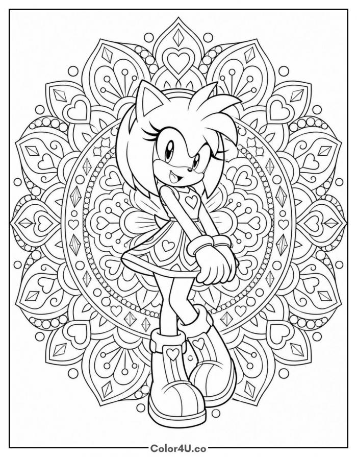 Amy Rose in front of a heart mandala, detailed Sonic coloring page, free printable