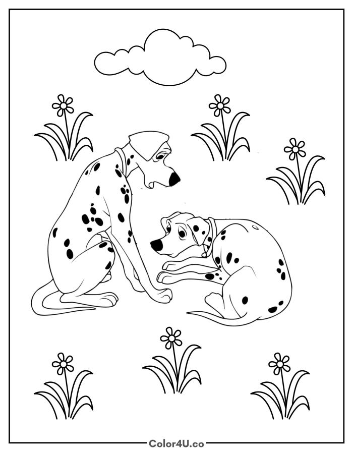 Two adult Dalmatians sitting in a flower garden, medium 101 Dalmatians coloring page, free printable