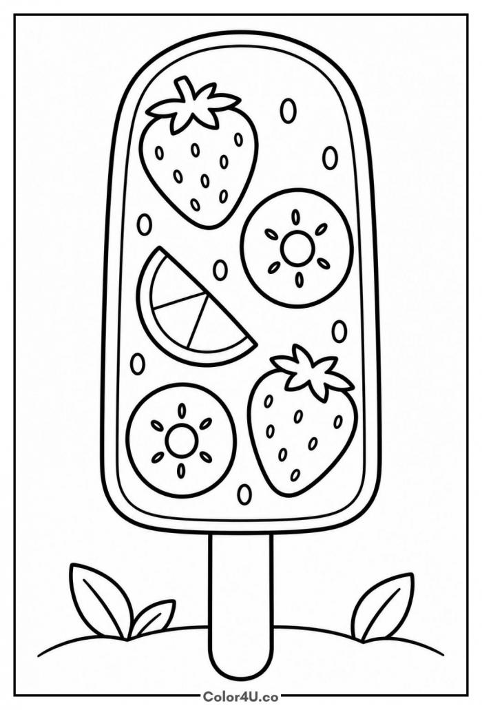 Fruit filled popsicle with strawberries and kiwi, medium popsicle coloring page, free printable