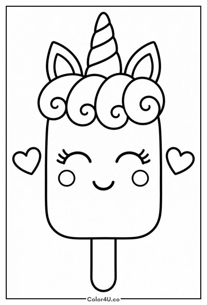 Unicorn popsicle with horn and curly mane, easy popsicle coloring page, free printable