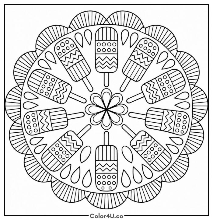 Popsicle mandala with ten patterned bars, detailed popsicle coloring page, free printable