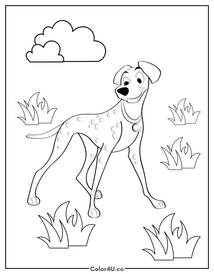 Pongo the Dalmatian walking outdoors, easy 101 Dalmatians coloring page, free printable