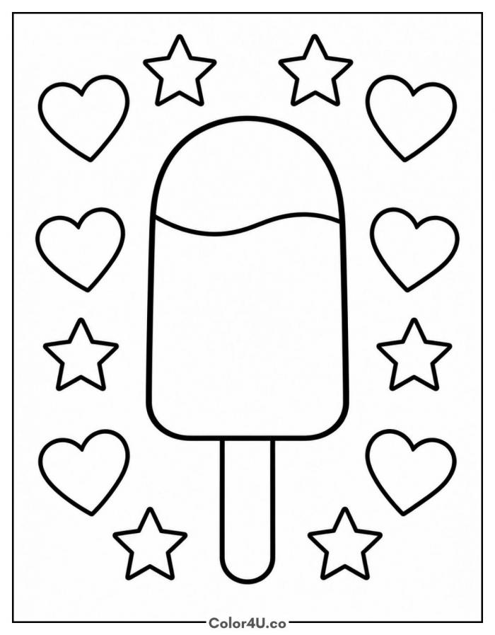 Popsicle framed by stars and hearts, easy popsicle coloring page, free printable