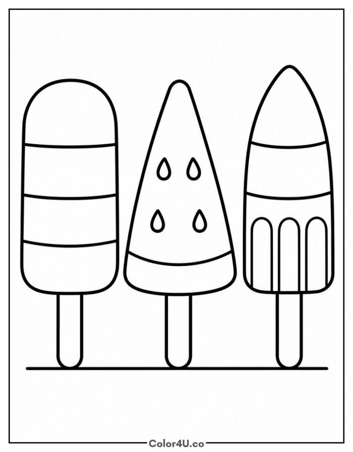 Three popsicles in a row on the ground, easy popsicle coloring page, free printable