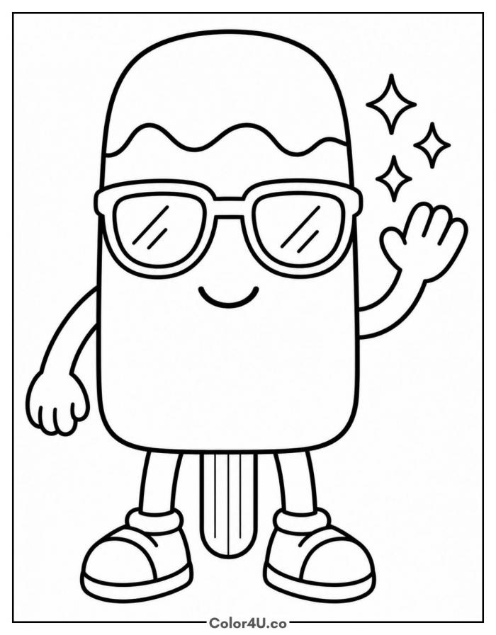 Popsicle wearing sunglasses and sneakers waving, medium popsicle coloring page, free printable