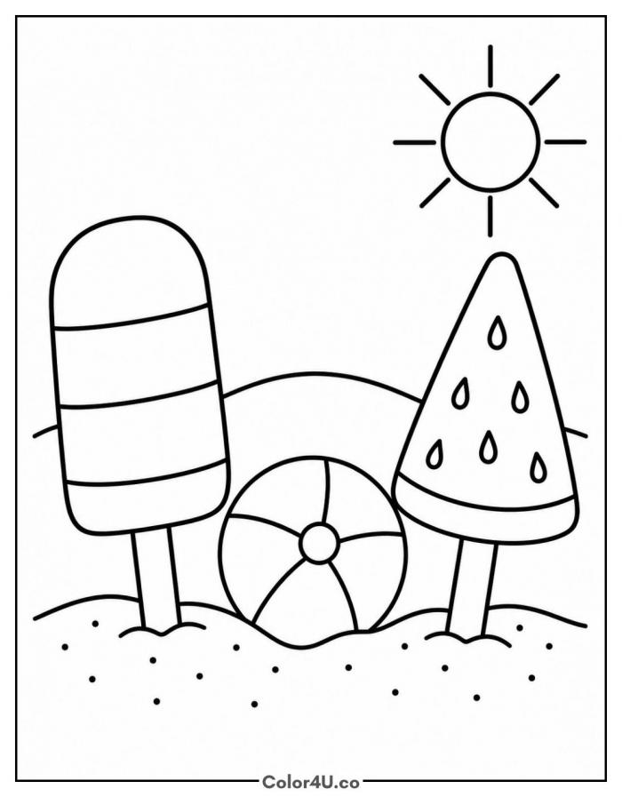 Two popsicles in the sand with a beach ball, medium popsicle coloring page, free printable