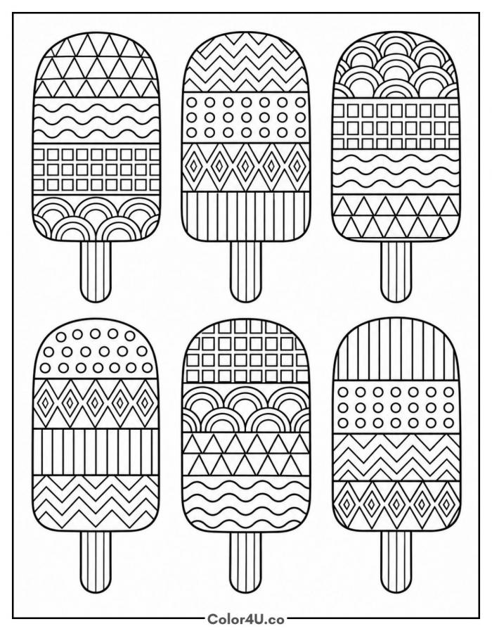 Six patterned popsicles in a grid, detailed popsicle coloring page, free printable