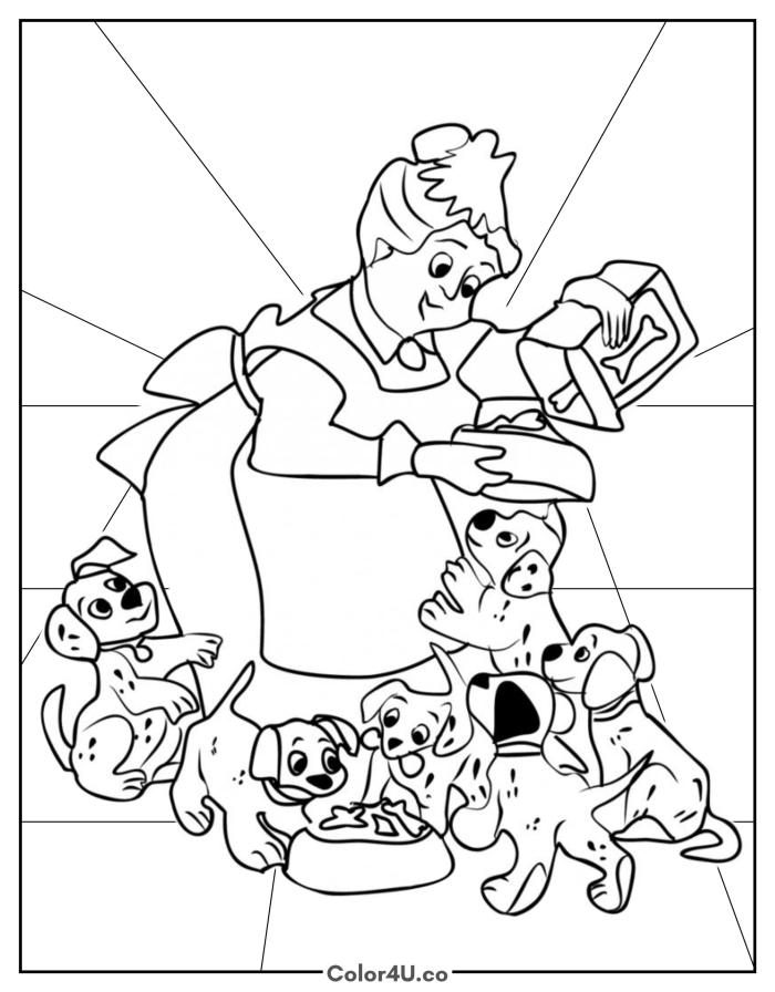 The Nanny feeding a group of Dalmatian puppies, medium 101 Dalmatians coloring page, free printable