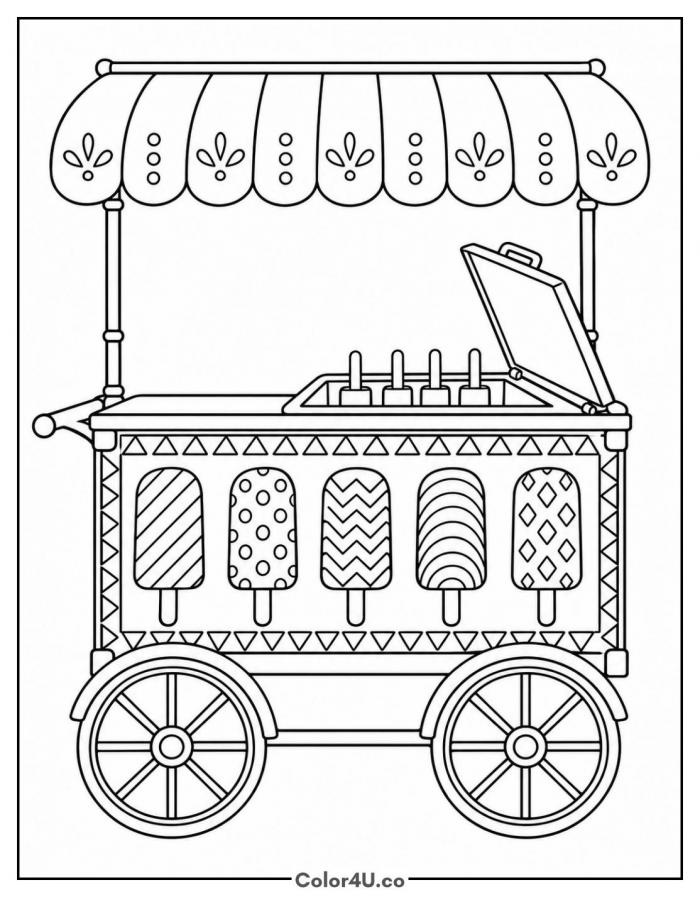 Paleta cart with patterned bars and awning, detailed popsicle coloring page, free printable