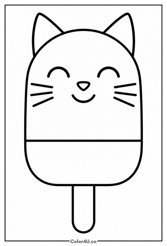Cat popsicle with pointed ears and whiskers, easy popsicle coloring page, free printable