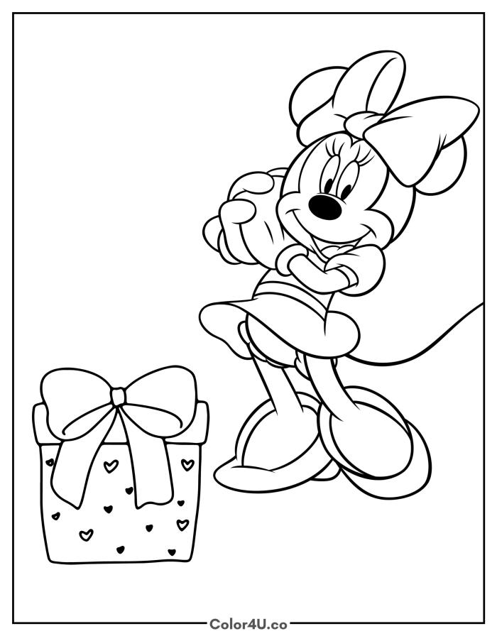 Minnie Mouse excited over a gift box with hearts and a bow, easy Disney coloring page, free printable