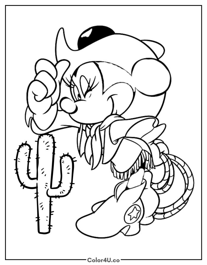 Minnie Mouse as a cowgirl with hat, lasso, and cactus, medium Disney coloring page, free printable