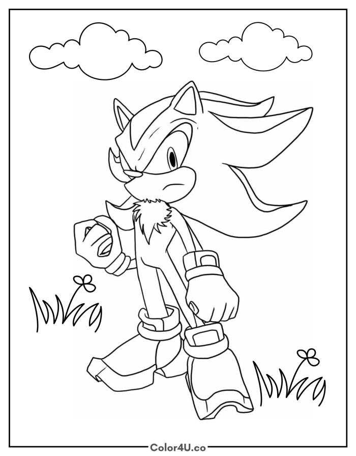 Shadow the Hedgehog walking with a Chaos Emerald, medium Sonic the Hedgehog coloring page, free printable