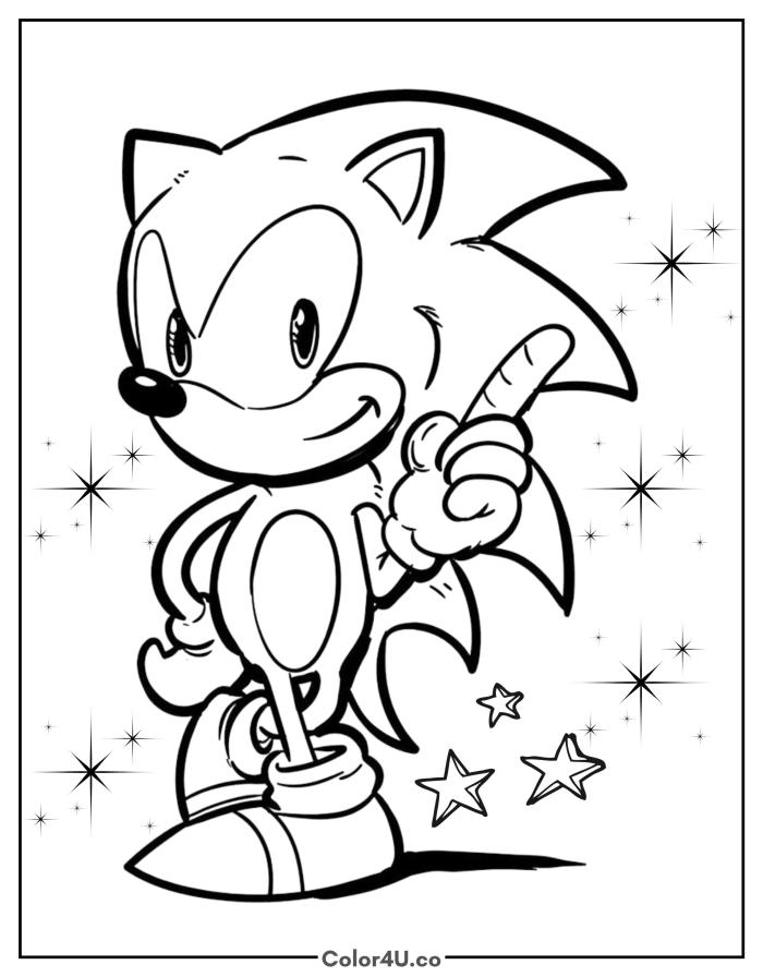 Classic Sonic with a knowing smirk pointing upward, medium Sonic the Hedgehog coloring page, free printable