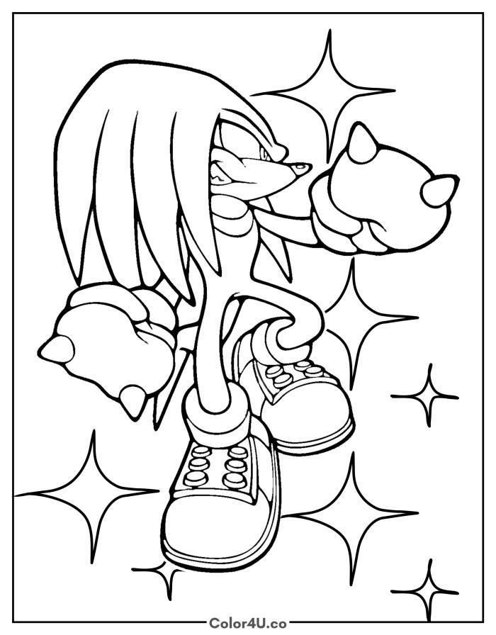 Knuckles as a superstar with sparkle stars, medium Sonic the Hedgehog coloring page, free printable