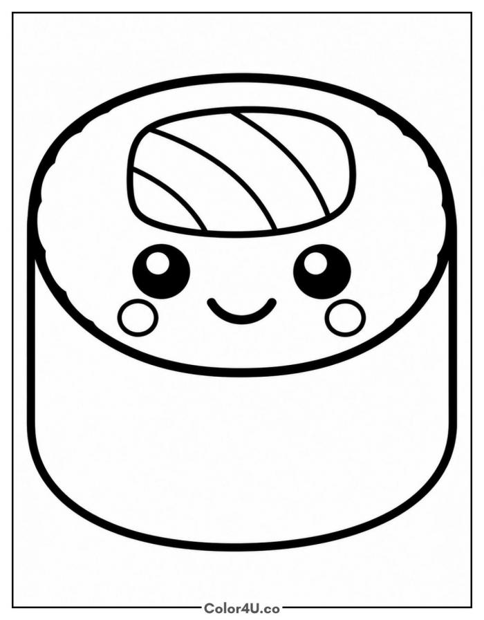 Smiling maki roll with a happy face, easy sushi coloring page, free printable